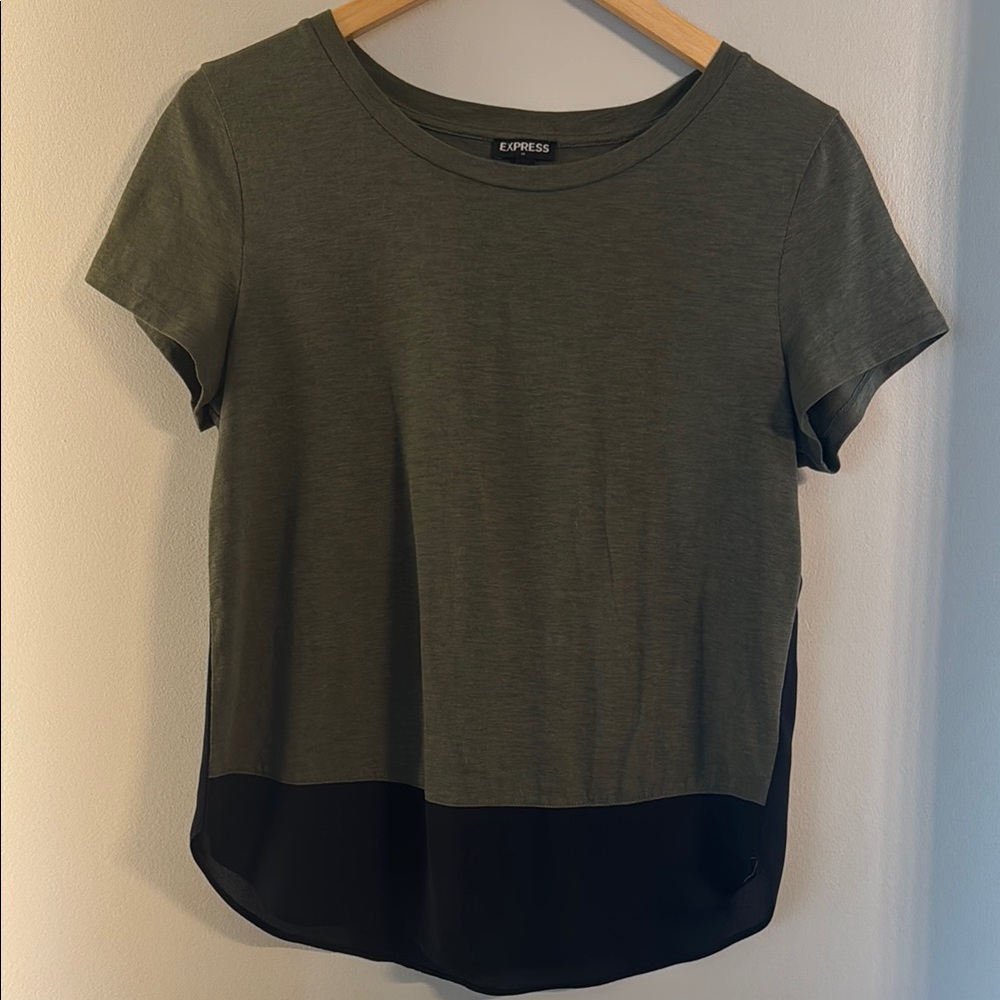 Express Olive Green and Black Short Sleeve Blouse